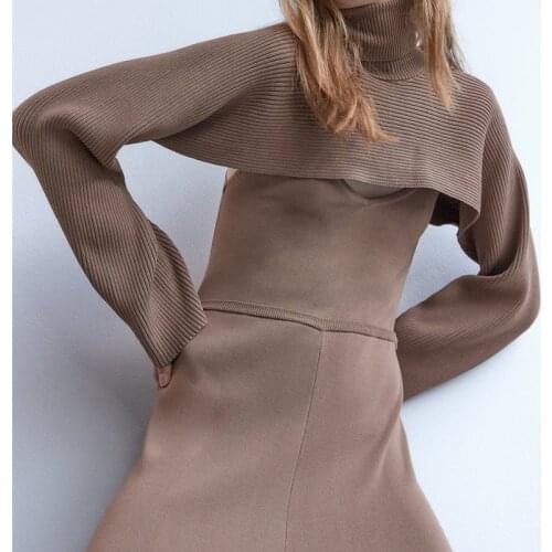 ZXQJ Women 2020 Fashion Arm Warmers Cropped Cable Knitted Sweater Vintage High Neck Long Sleeve Female Pullovers Chic Tops