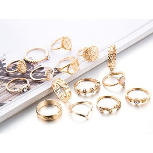 15Pcs Assoeted Golden Religious Coin Cross Crystal Fatima Hand Boho Rings Set