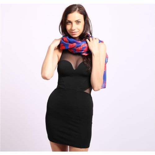 2020 New Fashionable Ladies Long Pretty Blue And Red Sheer Floral Scarf