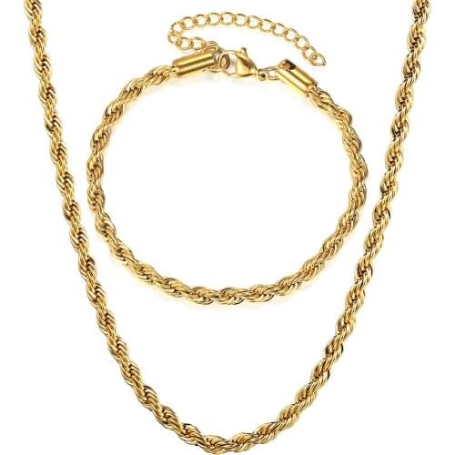 3/5mm Mens Womens Stainless Steel Rope Chain Necklace Bracelet Jewelry Sets Twisted Rope Link Chain Set Fashion Jewelry DKS266