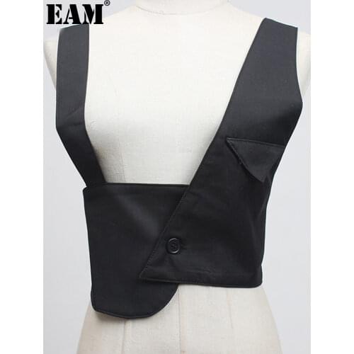 [EAM] Women Black Irregular Split Joint Tank Tops New V-collar Sleeveless Personality Fashion Tide Spring Autumn 2021 1DB557