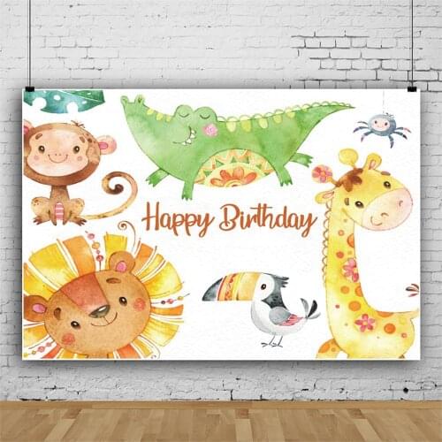 Happy Birthday Backdrop Cartoon Lion Crocodile Giraffe Baby Birthday Party Decor Background Photo Booth Studio Prop