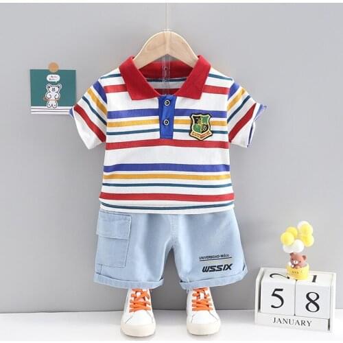 Baby Boys Cotton Clothes Set Summer Toddler Cartoon Strips Turn-down Collar T-Shirt Short Pants 2pcs/Set Suit Children Costume