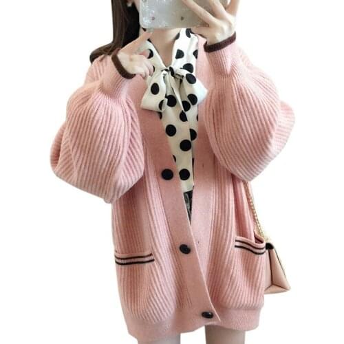 Autumn Spring Women Korean Style Internet Celebrity Loose Casual Solid Color V-Neck Knitted Long-Sleeved Cardigan Sweater
