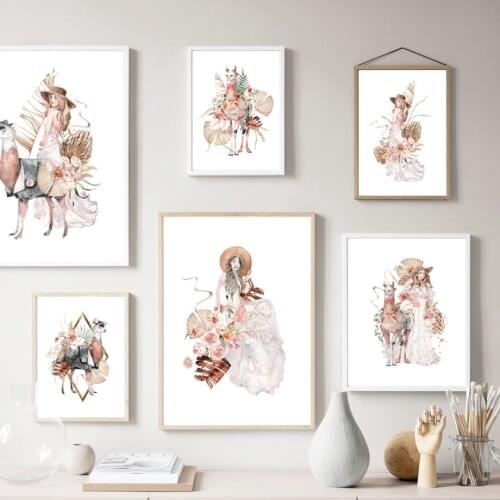 Llama girl Flower Plant Leaves Wall Art Canvas Painting Nordic Posters And Prints Wall Pictures For Living Room Home Decoration