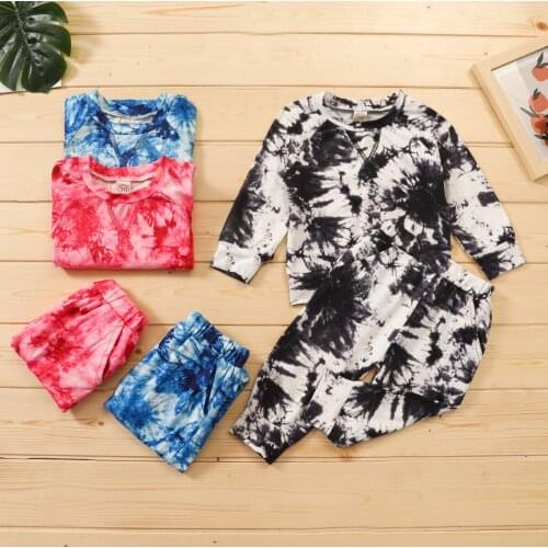 2 Pcs Children Autumn Suit Tie-Dyed Printed O-Neck Long Sleeve Top + Elastic Long Pants Outfits for Kids Boys Girls 1-6 Years