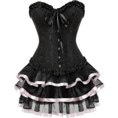 7XL Sexy Women Lace Up Corset Bustiers Dress Plus Size Side Zip Floral Tops Brocade Overbust Corset and Skirt Set Tutu Corselet
