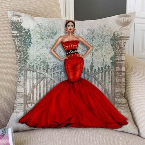 Fashion Girl Queen Princess Dress Design Hand Drawing Artwork Home Decorative Sofa Throw Pillow Case Cotton Linen Cushion Cover