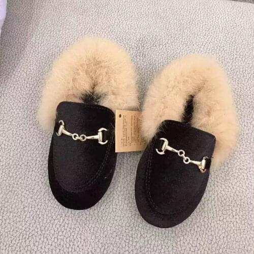 Fluffy real hair 2021 new Boys Girls Velvet Loafer New Winter Warm Kids Fur Shoes Flat Princess Girls Shoes leather casual shoes