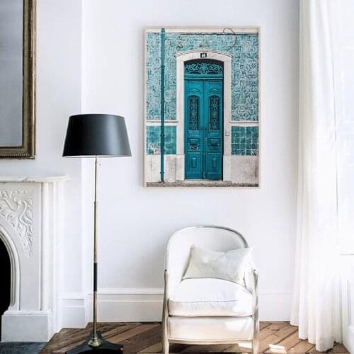 Lisbon Portugal City Map Poster Prints Portuguese Tiles Blue Door Vintage Wall Art Canvas Painting City Photography Room Decor