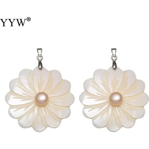 YYW 1PC Shell Pendants Freshwater Shell With Freshwater Pearl Flower Silver Color Plated For Wommen Jewlery 52x39x6mm Accessory