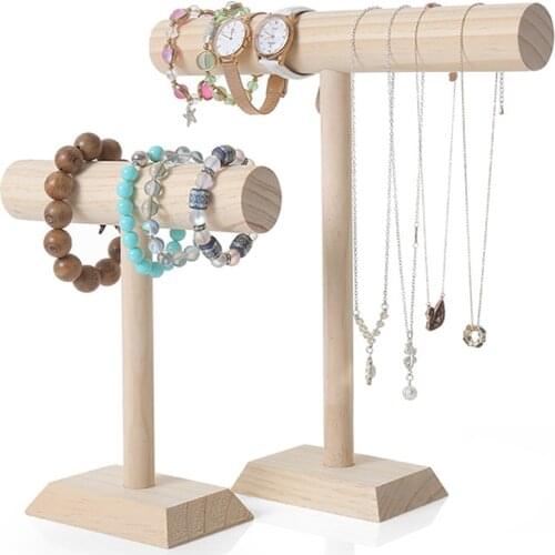 Portable Hard Wooden Bracelet Chain T-Bar Rack Jewelry Display Stand for Bangle Watch Necklace Home Organization Holder Showcase