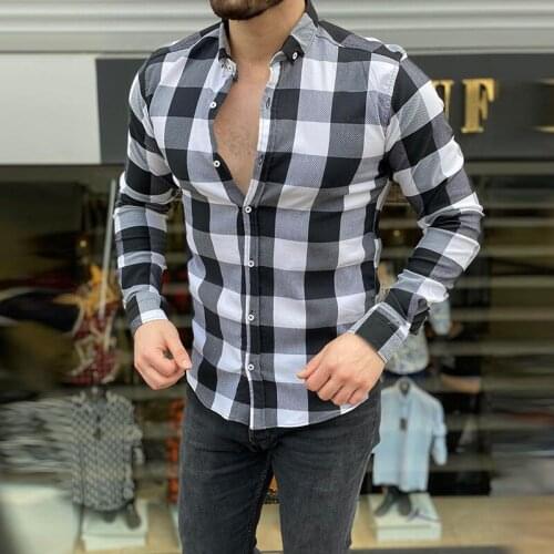 2021 Men Turn Down Buttons Streetwear Autumn Mens Casual Cotton linen Shirts Fashion Plaid Printing Long Sleeve Slim Shirt Tops