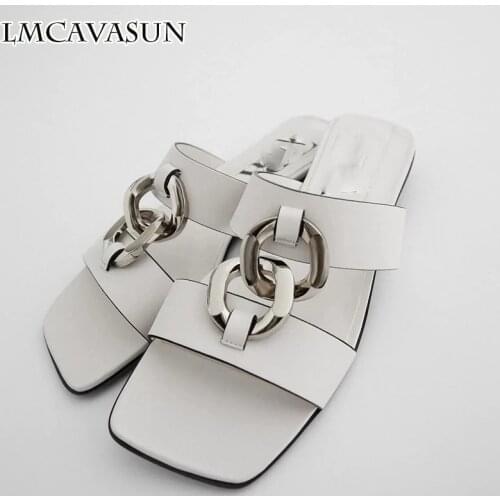 LMCAVASUN ZA new Metal chain ornament White flat sandals Women shoes with square toe and open toe Sandals and slippers women