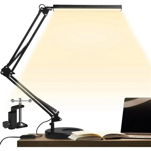LED Desk Lamp With Clamp And Round Base, Eye Caring Table Lamp With Swing Arm, 3 Color Modes 10 Brightness Levels