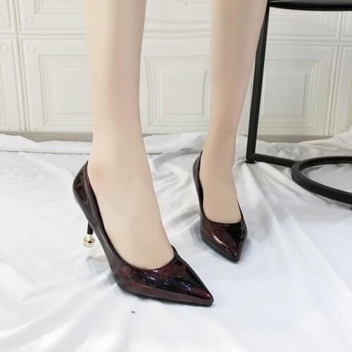 Mature High Heels Patent Leather Stiletto Single Shoes Korean Sexy Pointed Pumps Black Professional Work Shoes W32-08