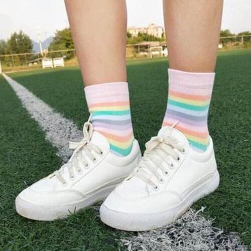 Japanese Women Girls Long Crew Socks Ice Cream Rainbow Colorful Stripes Hosiery XX9D