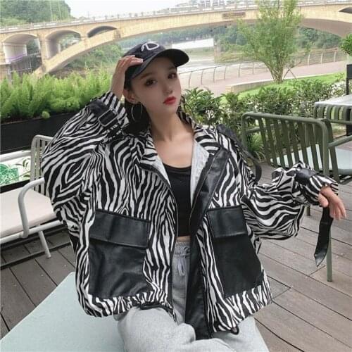 2021 Oversized Jacket Women Short Autumn Fashion Personality Zebra Pattern Spliced PU Leather Jacket Female