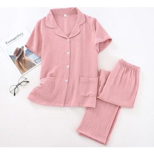 Pink Solid 2 Pieces Womens Pajamas Cotton Short Sleeve Top Home Suit Plus Size Sleepwear Femme Pijama Mujer Button Night Wear