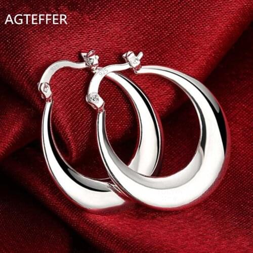AGTEFFER New 30mm 925 Sterling Silver Fat Round Soft U Large Hoop Earrings For Women Fashion Wedding Engagement Jewelry Gifts