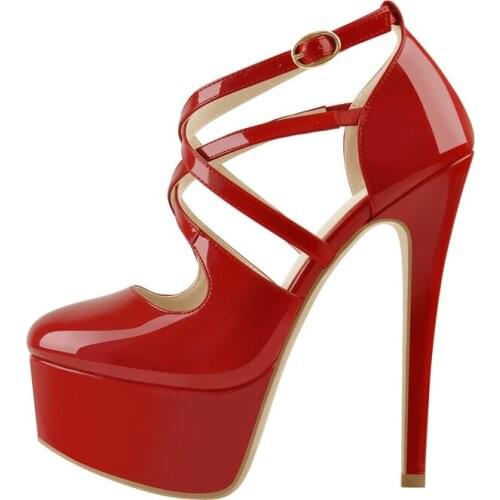 Richealnana Womens Round Toe Red Pumps with Platform Cross Strap High Heel Stilettos Wedding Party Dress Prom Shoes
