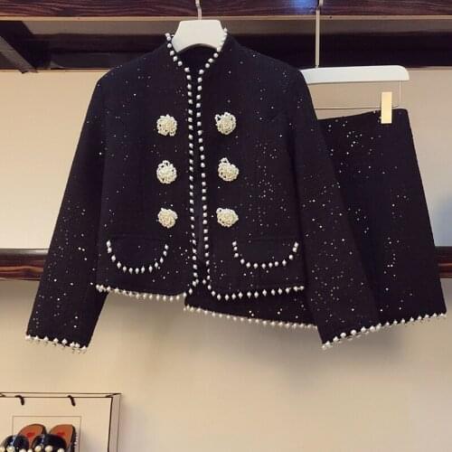 Elegant Chic Ladies 2 Piece Set 2021 Autumn Winter Tweed Two Piece Set Women Pearl Sequin Jacket Coat + High Waist Skirt Suits