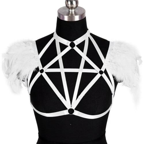 Natural Feather Gothic Clothes Womens Underwear Sexy Lingerie Harness Bra Goth Harness Fashion Bdsm Body Belts Stockings Garter