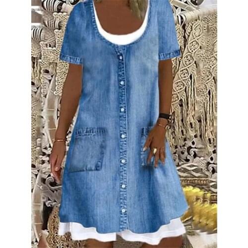 Women Casual Long Dress Square Collar Short Sleeve Imitation Denim Color Fake Two Pieces Pocket Streetwear Vestidos Summer 2021