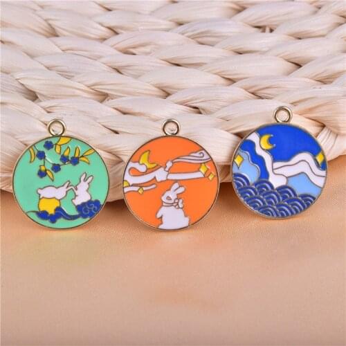 10pcs/pack Round Moon Rabbit Art Enamel Charms Pendant Earring Bracelet DIY Jewelry Making