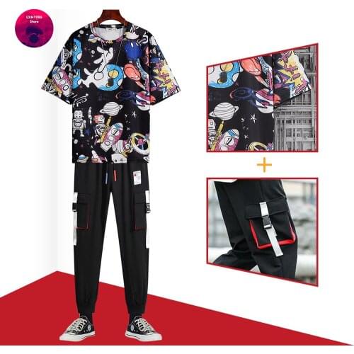 2021 Summer Mens Sets Japan Fashion Men Joggers Sets Printed T Shirt+Elastic Waist Trousers Men Clothing 2 piece Tracksuit Men