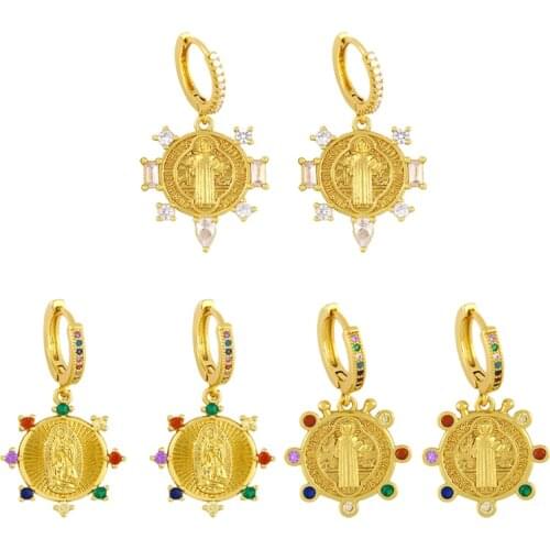 2021 New Copper with Colorful CZ Geometric San Benito Virgin Mary Medal Drop Earrings For Women Charm Jewelry