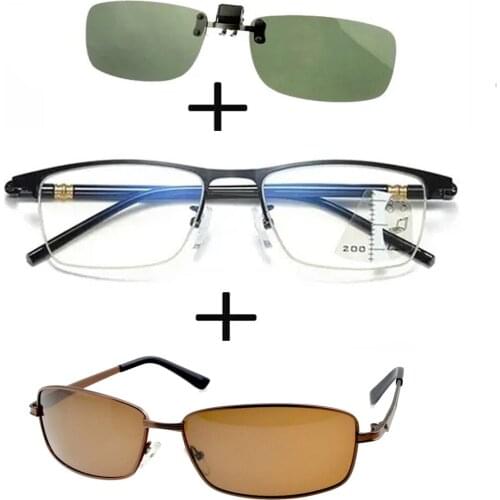 3Pcs!!!rectangular Metal Black Business Reading Glasses Men Women + Polarized Sunglasses Sports Ultraligero + Sunglasses Clip