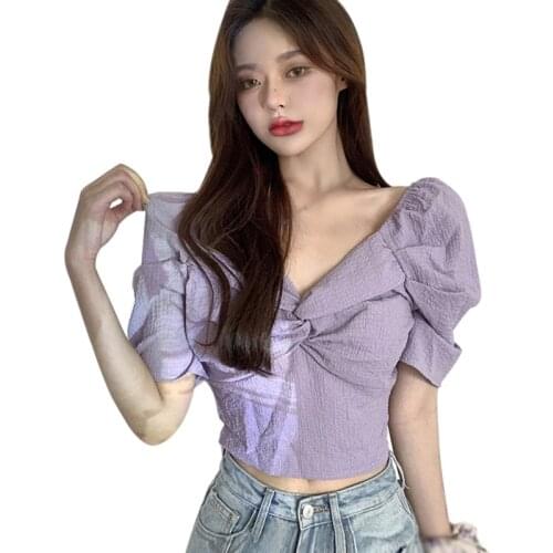 Womens Solid Color Elegant Blouses Short Sleeve Ladies Summer V Neck Shirt Korean Style Tops