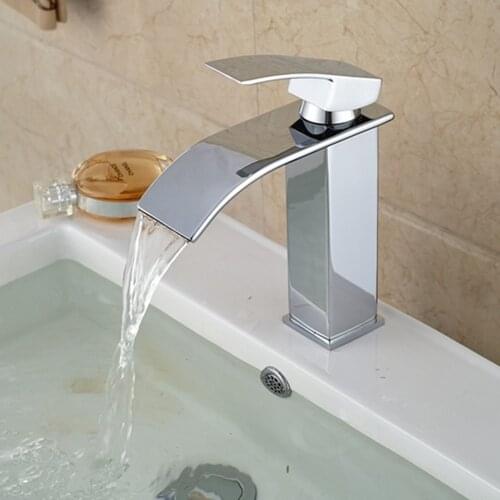 Deck Mounted Wholesale And Retail Promotion Polished Chrome Brass Waterfall Bathroom Basin Faucet Square Vanity Sink Mixer Tap
