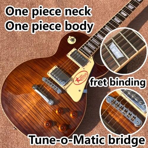 One piece Neck one piece body electric guitar in sunburst ,Upgrade Tune-o-Matic bridge guitar Tiger Flame guitar Smoke colour