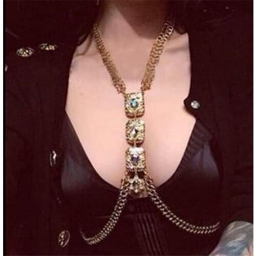 Sexy Exaggerated Chest Chain With Big Gemstone Body Chain For Women Rhinestone Cross Body Jewelry For Nightclub Bar Accessories