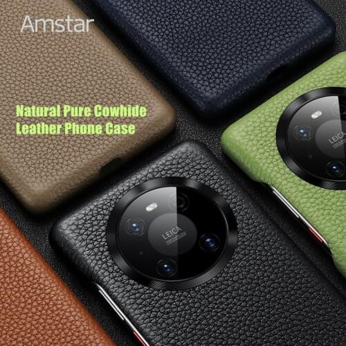 Amstar Pure Natural Cowhide Leather Phone Case for Huawei Mate 30 40 Pro Plus P40 Pro Plus Handmade Real Cowhide Leather Cover