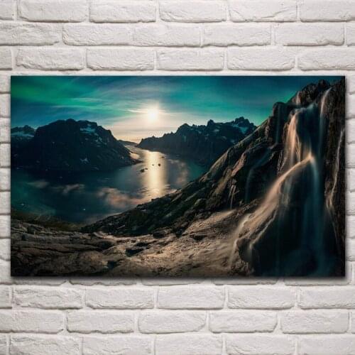 Mountains waterfall fjord moonlight aurora long exposure landscape living room home wall art decor canvas fabric poster KP670
