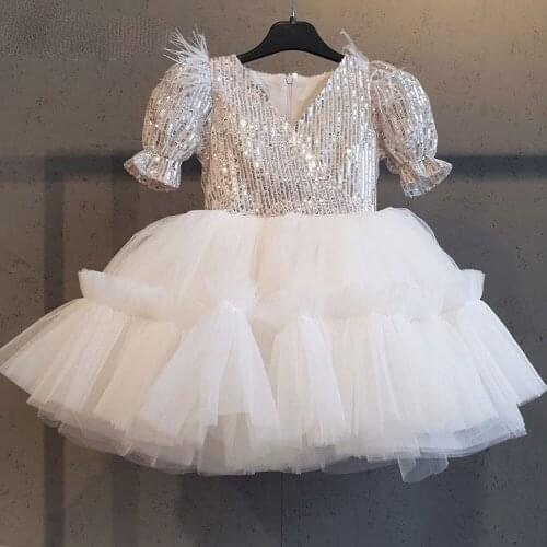 Custom Made Ivory Tulle Princess Short Sleeves Birthday Dress New Year Gown Wedding Bridal Flower Girl Dresses