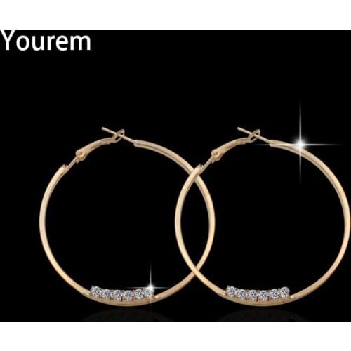 YOUREM classic OL office career rhinestone hoop earrings for women alloy nickel free gold-color party club earing ce069