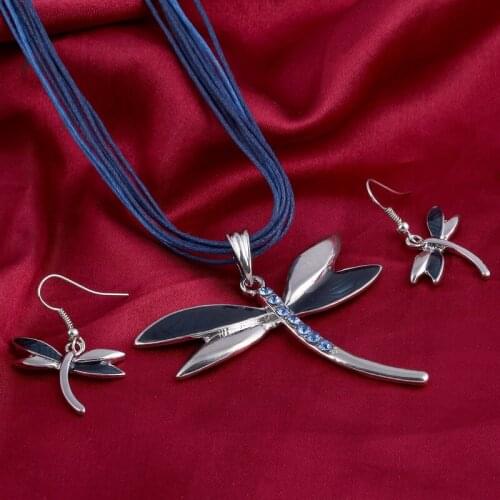 Silver Dragonfly Pendant Jewelry Set Choker Statement Jewelry Pendant Neckalce Drop Earrings Sets For Women Summer Gifts
