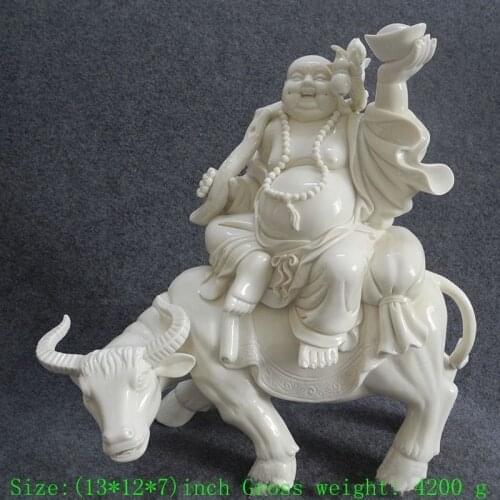 33cm dehua porcelain laughing Buddha riding a cow thriving business gourd statue