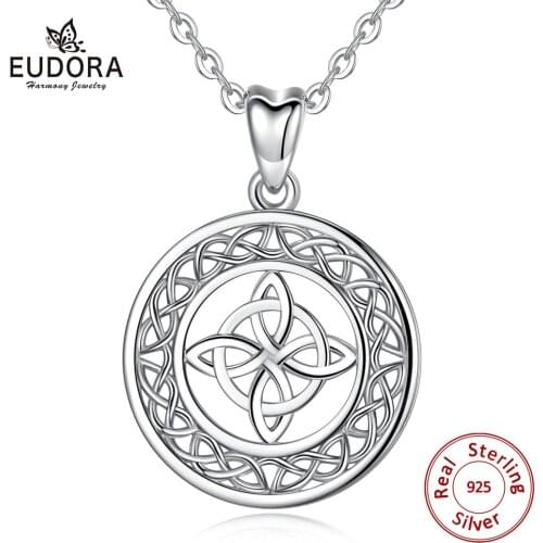 EUDORA 100% 925 Sterling Silver Celtic knot Pendant Fine Round knot Necklace good luck Jewelry For Lady girl New Year Gift D122