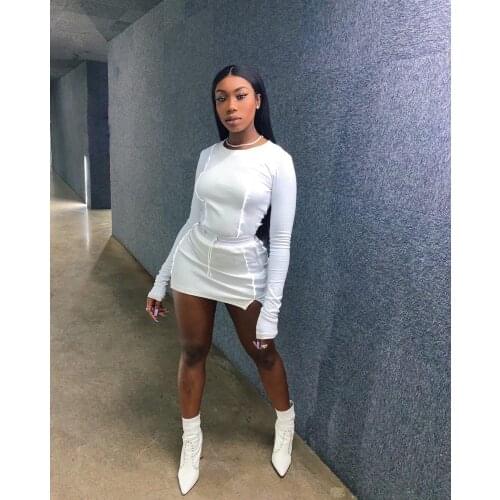 Hot Autumn Solid color Skirt Set Women Casual Ribbing Splicing Long Sleeve Tops Mini Skirt Tight-fitting 2-piece set Streetwear