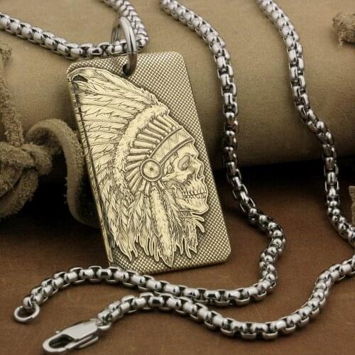 LINSION High Detail Deep Engraved Brass Indian Chief Skull Pendant Biker Rock Punk Style 9X022B 2-side Steel Necklace 24 inches