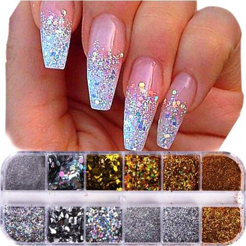 12 Grids Laser Glitter Holographic Sequins Autumn Maple Leaf Nail Stickers for Nail Art Decoration Sequin Applique Decoration