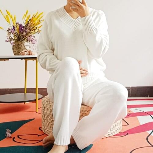 Latest Womens Pajamas Set Sleepwear Home Clothes Sweater Thick Nightwear Wick Yarn Loose Knitted Autumn And Winter V Neck