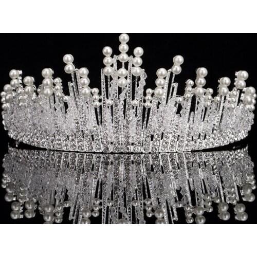 Silver Color Bridal Pearl Tiara For Wedding Crown Handmade Crystal Rhinestone Beaded Head jewelry Bride Hair Accessories