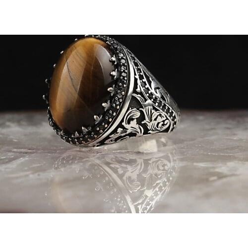 Tigers Eye Stone Pattern 925 Sterling Silver Men 'S Ring