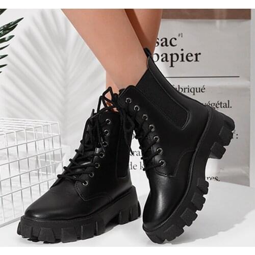 Womens Short Boots Black Lace Up Ankle Boot Shoes Woman Fashion Thick Bottom Motorcycle Boots Ladies Footwear 2021 Winter New